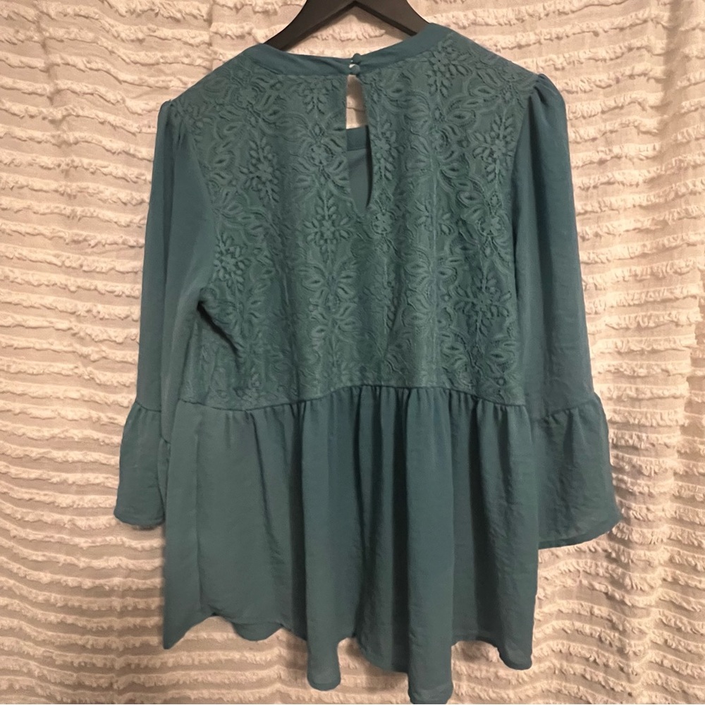 Teal Lace Peplum blouse with drop waist. Versatile top for fall or year round. - Picture 6 of 8